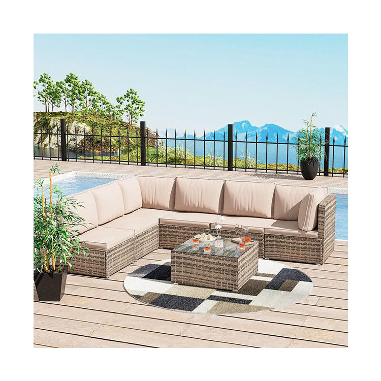 Mejorar su patio con AJUNION 7 piezas de muebles en almohadones marrones y PE Rattan