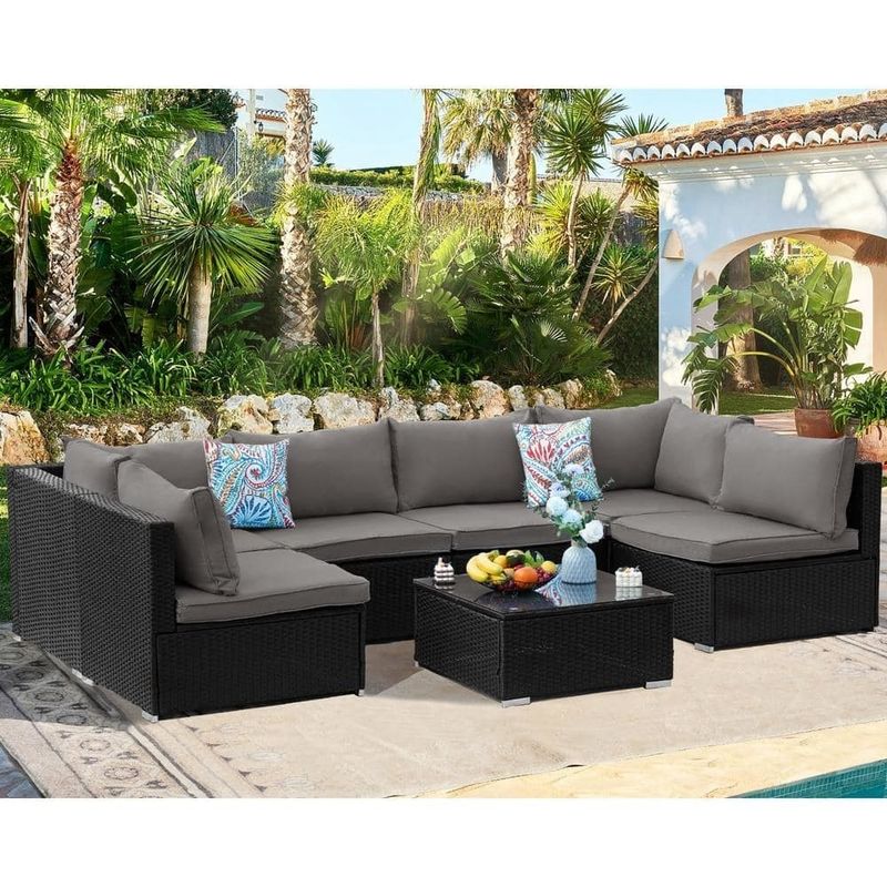 AJUNION Wicker Rattan PE Sofá seccional Conjunto de jardín Muebles de patio Conjunto de conversación Muebles de exterior
