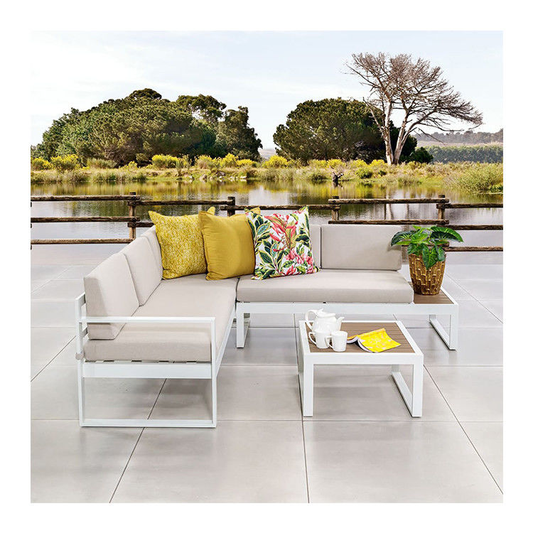 AJUNION Muebles de exterior en forma de L Conjunto de aluminio con acabado de teca