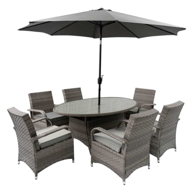 Set de comedor exterior de 9 asientos con mesa redonda y cojines de AJUNION Rattan Furniture