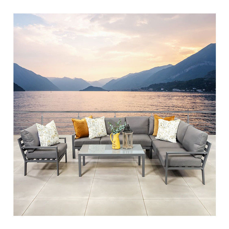 Cuadro de aluminio Sofá de jardín moderno en forma de L Conjunto con mesa de café Tamaño L 120 x W60 x H45cm