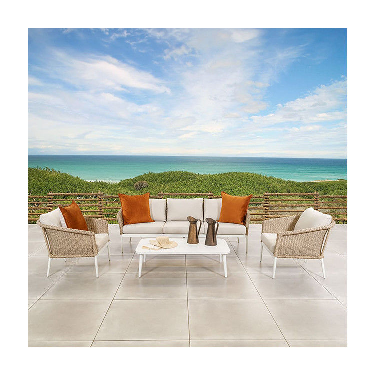 Cuadro de aluminio Muebles de patio para todo tipo de condiciones climáticas Consolado con sofá y mesa de café de tejido de ratán