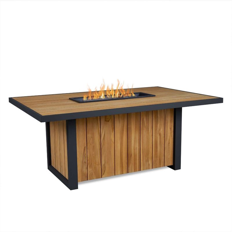 Mesa de comedor exterior de fuego de gas propano Mesa de fuego de hoyo con marco de aluminio de madera de teca