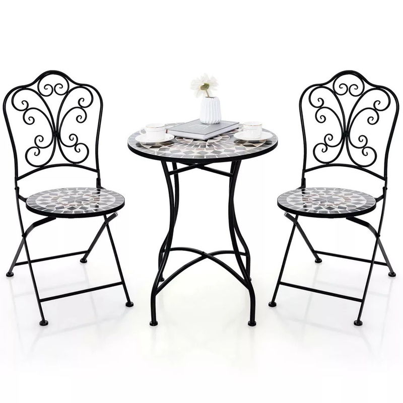 Muebles para exteriores AJUNION 2 Sillón y tabla de metal silla plegable de hierro mosaico antiguo mosaico de azulejos tabla set de bistró