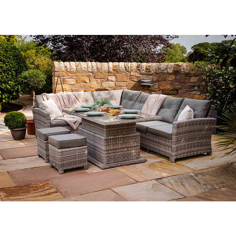 PE Rattan AJUNION Sofá de esquina seccional al aire libre Conjunto de patio con mesa de comedor ajustable