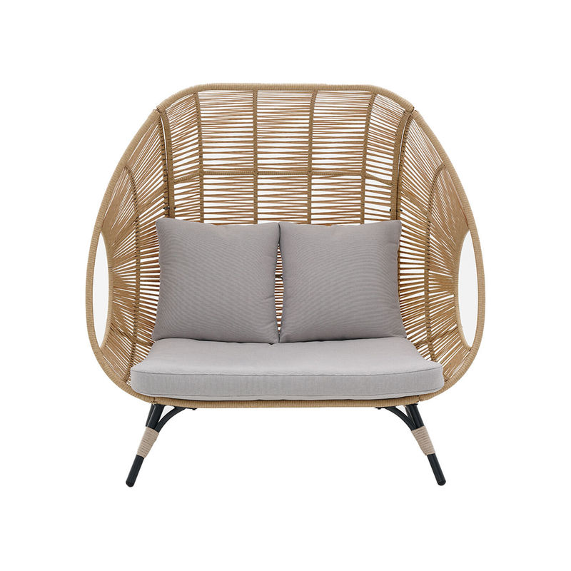 Confortable silla de huevo de pie de doble asiento al aire libre en rattan PE y marco de acero