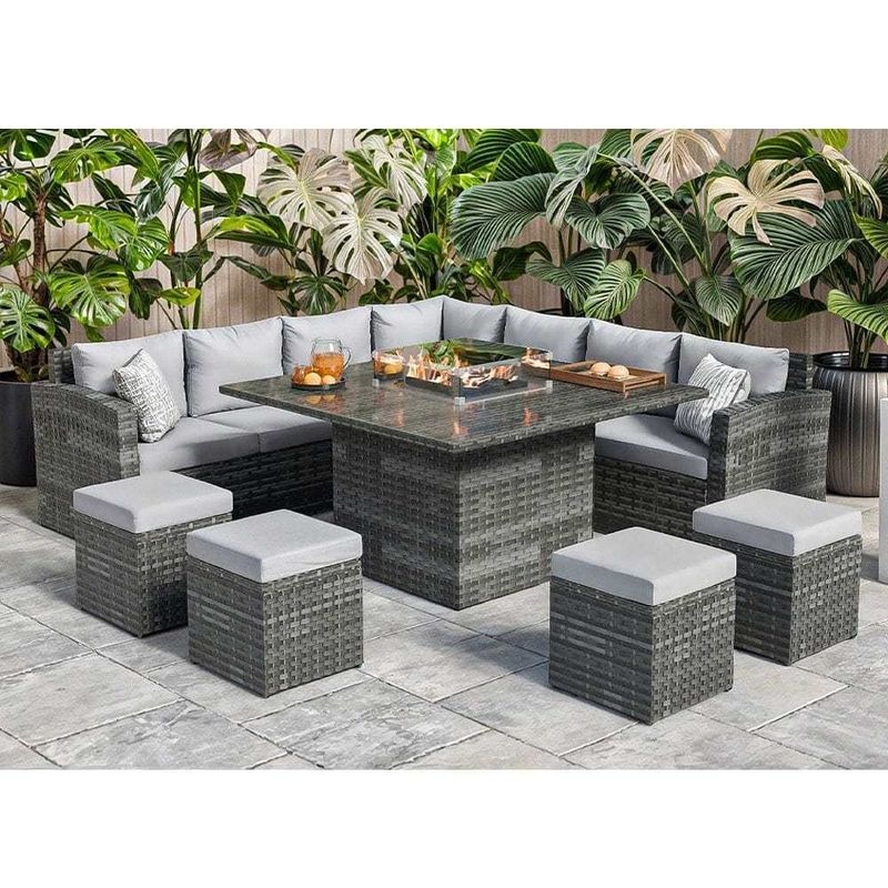 Mesa de comedor de pozo de fuego tamaño L130xW130xH60cm 11 asientos Sofá de esquina Conjunto de muebles de patio