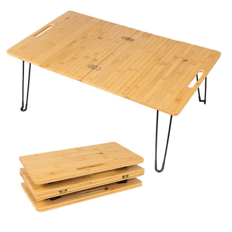 Parque de picnic al aire libre barbacoa de madera de bambú Mdf pequeña mesa de campamento plegable portátil con pierna de metal
